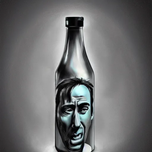 Image similar to Drinking from bottle Nicolas Cage in liquid form, Surrealism, Surreal drawing, Digital art, from artstation, art by Salvador Dali