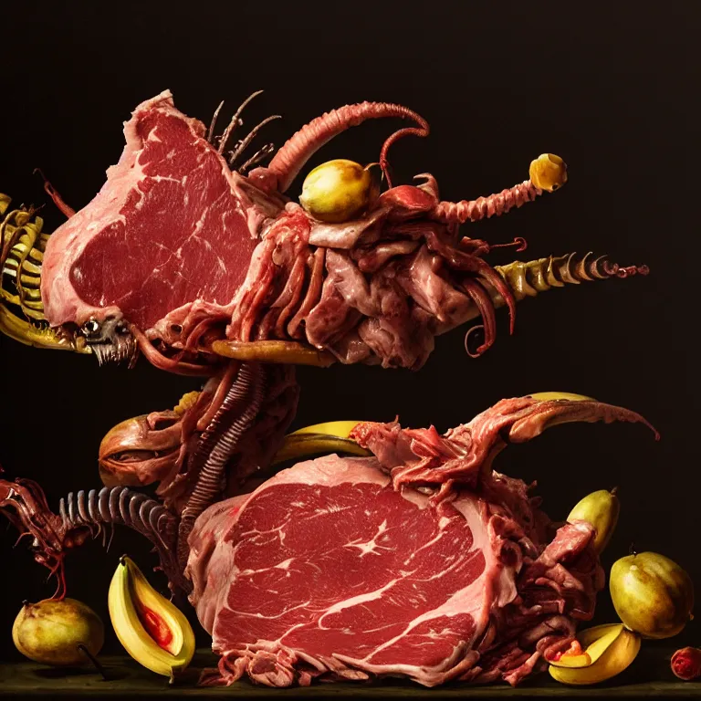 Image similar to still life of rotten meat, xenomorph, beautiful tropical flowers, human spine, tropical fruit baroque painting, beautiful detailed intricate insanely detailed octane render, 8K artistic photography, photorealistic, chiaroscuro, Raphael, Caravaggio