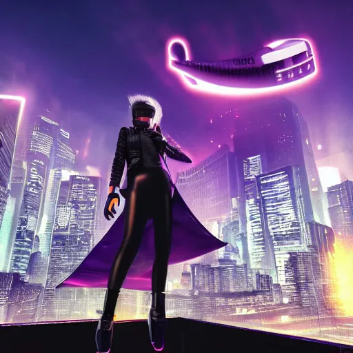 Prompt: digital photography of cyberpunk girl standing on a rooftop, short purple hair with undercut, realistic body shape, wearing long leather trenchcoat and black cargo pants. night time, neon cityscape background, flying blimp with searchlights shining in the distance. 8 k high resolution