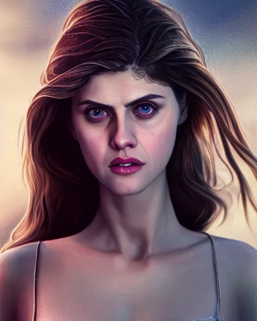 Image similar to Fullbody potrait of Alexandra Daddario as an angel, hyper realistic, prismatic highlights, atmosphere, gorgeous, depth of field, cinematic, macro, concept art, 50mm, artstation, wlop, elegant, epic, weta digital, focus, octane render, v-ray, 8k, kodak portra, art by Liberatore