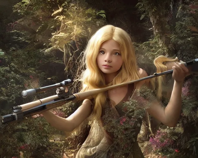 Prompt: disney princess with long blonde hair with m 9 0 sniper rifle on back : : weta disney pixar movie still photo : : hi - fructose, decadent highly - detailed digital painting, golden ratio, octane render, artstation, smooth, sharp focus, artgerm, mucha, loish, wlop