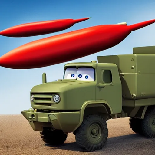 Image similar to HIMARS with rockets, Cars Pixar movie style, detailed, green