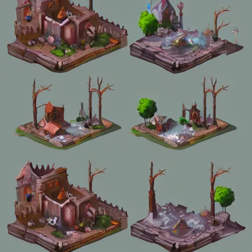 Prompt: Nine separated HD, 8k, antialized, props containing trees, houses, box, treasures, bricks, castle, from a game asset concept by Jen Zee, Rossdraws, James Jean, Andrei Riabovitchev, 2d side scrolling game , and Sakimichan, trending on artstation , assets