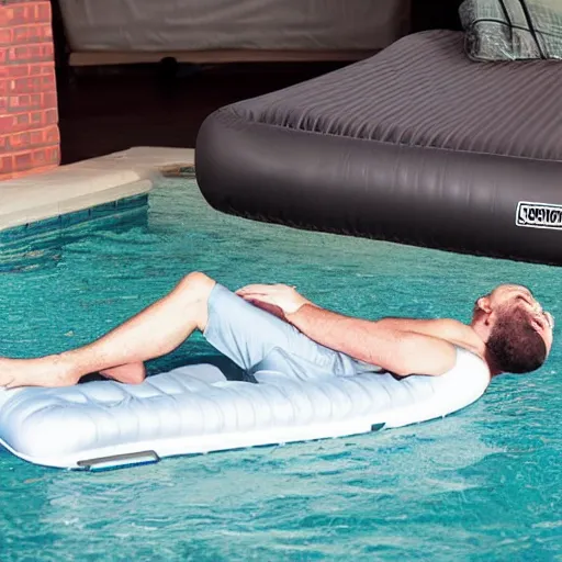 Prompt: man getting launched off of an air mattress