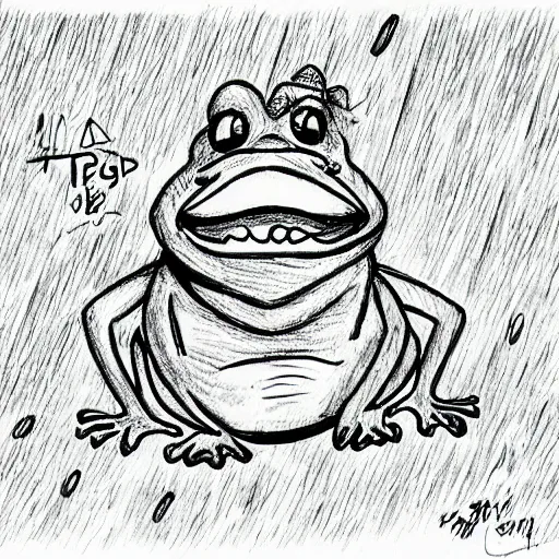 Prompt: a drawing of a happy frog under the rain wearing a rainy coat by hayao miyazaki