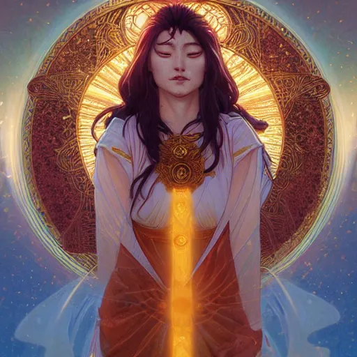 Image similar to The goddess Amaterasu clothed in pure golden light energy, D&D, highly detailed, digital painting, artstation, concept art, sharp focus, illustration, art by artgerm and greg rutkowski and alphonse mucha