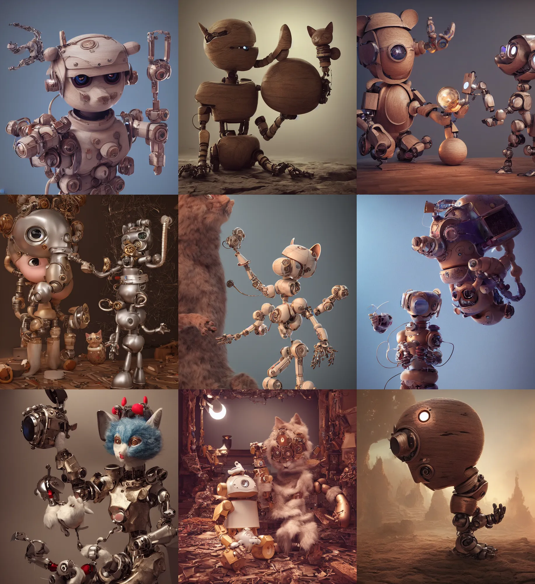 Prompt: 3D octane render ultra 8K photorealistic hyperdetailed unreal engine ,a wooden a very cute mystical robot of the bohemian with cat’s ears in a zen rebelle heroic pose ,concept art ,trending on cgsociety ,artwork masterpiece , in a contemporary art gallery in neo Paris ,by Josan Gonzalez