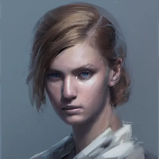 Image similar to Portrait of a woman by Greg Rutkowski, she is about 20 years old, athletic tomboy, attractive, military composure, short blonde hair, russian, she is wearing futuristic military fatigues, highly detailed portrait, digital painting, artstation, concept art, smooth, sharp foccus ilustration, Artstation HQ.