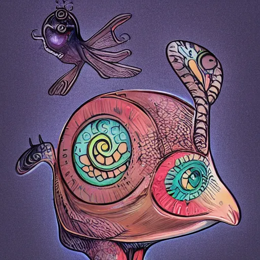 Image similar to a snailbird, a snailbird is a personified snail with a face mixed with a bird, has wings, has snail shell, uhd, painted by james jean