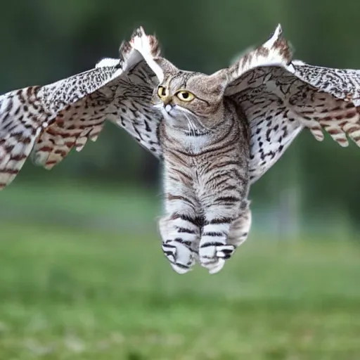 Image similar to cat and owl hybrid spreading wings