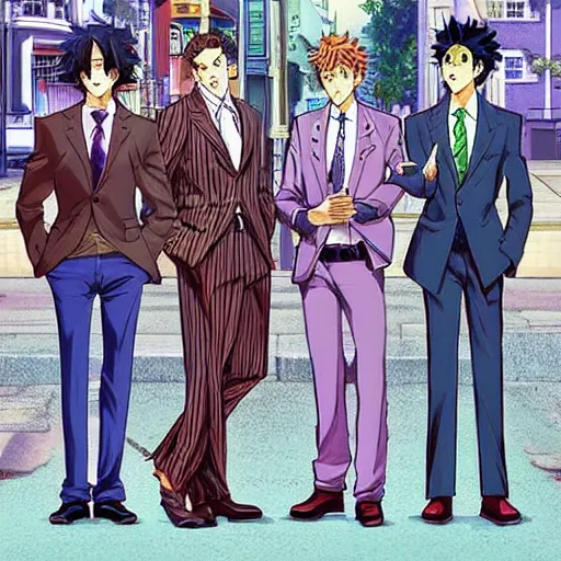 Image similar to a beautiful painting of four well dressed men with perfect anime faces posing for a picture on a city street by hirohiko araki, detailed line art, jojos bizarre adventure