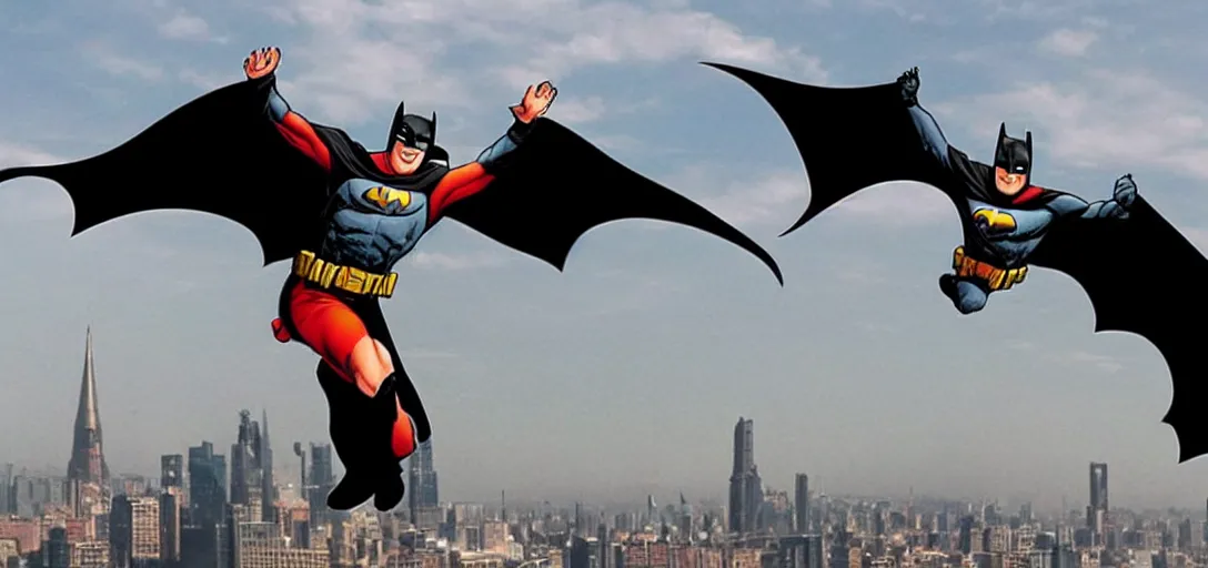 Image similar to putin child of batman, flying in sky