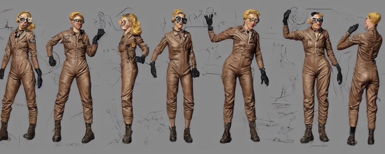 Prompt: character design, reference sheet, 50's space explorer, butch blonde tomboy woman with very short slicked-back hair, muscular, tattooed, optimistic, stained dirty flight suit, steampunk goggles, work gloves, concept art, photorealistic, hyperdetailed, 3d rendering! , art by Leyendecker! and constable, pulp science fiction