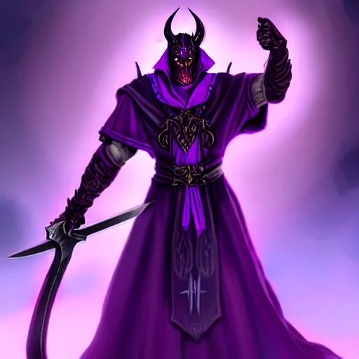 Image similar to demon in purple robe with sword, artstation, fantasy