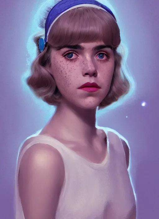 Image similar to portrait of kiernan shipka with freckles, white hair, big 1 9 6 0 s bob hairstyle with bangs and hairband, blue 1 9 6 0 s dress, intricate, elegant, glowing lights, highly detailed, digital painting, artstation, concept art, smooth, sharp focus, illustration, art by wlop, mars ravelo and greg rutkowski