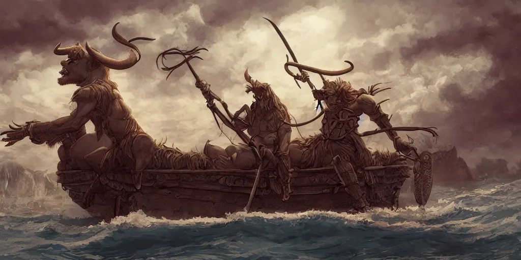 Image similar to Minotaur in a Boat, by Caza, studio ghibli, cinematic lighting, intricate, highly detailed, digital painting, trending on artstation, Illustration, epic scale