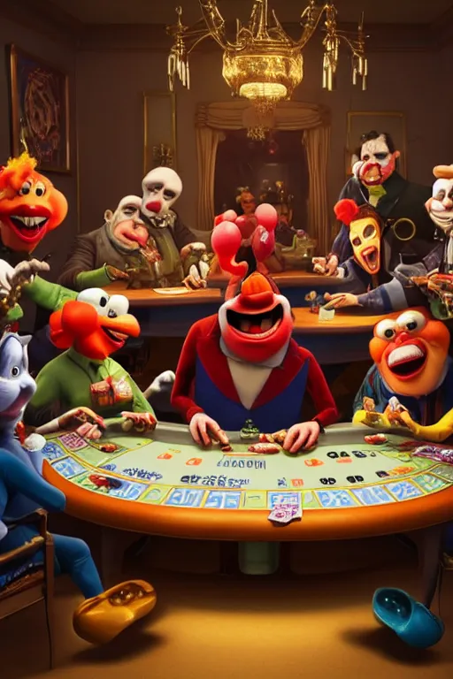 Image similar to pixar serious people playing poker, an angry clown is sitting at the table, screaming | glamorous oily soft polished rich ornate modern | weta disney pixar movie still photo | hi - fructose, sci fi fantasy, smooth, octane render, sharp focus, artstation, concept art | artgerm, mucha, rutkowski, feng zhu, wlop, loish