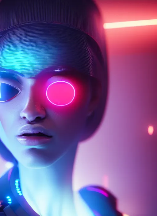 Image similar to Centered close up bokeh shot of cyborg women, cyberpunk background, High action glowing neon lights, digital art, artstation, cinematic, volumetric lighting, Award winning, ultra high resolution, intricate details, rendered with unreal engine, octane render, UHD 8K