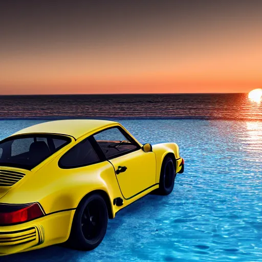 Prompt: a yellow 1 9 8 5 porsche 9 1 1 turbo, palm beach swimming pool, sunset, hyperreal, 4 k