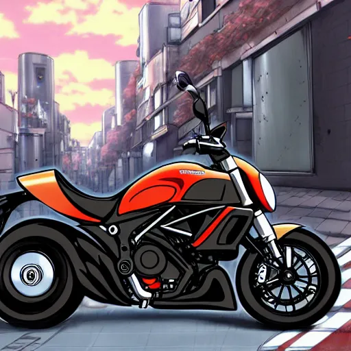 Image similar to anime art vehicle concept art, anime key visual of ducati diavel, at a city street, trending on pixiv fanbox, studio ghibli, extremely high quality artwork