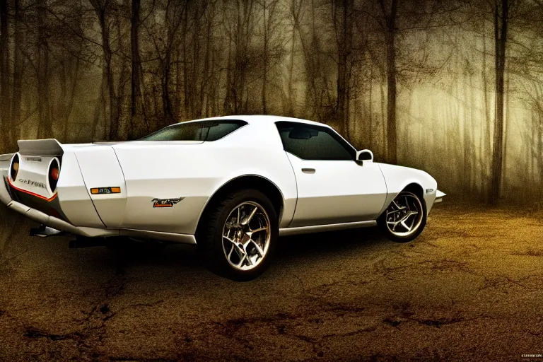 Image similar to reflective white pontiac firebird with kittens drawn on it, dramatic, cinematic, forest, volumetric lighting