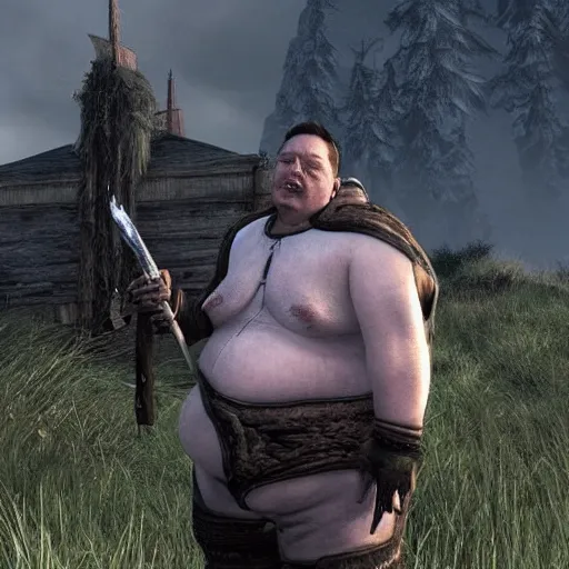 Prompt: morbidly obese Elon musk as a character in Skyrim