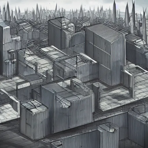 Prompt: brutalist city with sharp edges and concrete walls, highly detailed, sky shot, in the bright day, in the far future