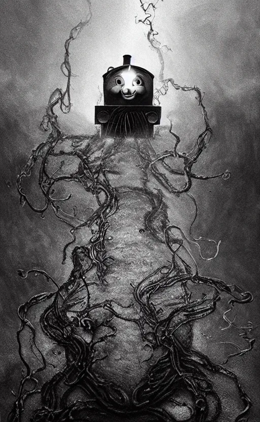 Image similar to thomas the tank engine in style of zdzisław beksinski, extremely dramatic lighting, 8 k, tendrils, black, darkness, black slime tendrils, infected, rust, body horror, thomas the train, thomas the tank engine face, horror,