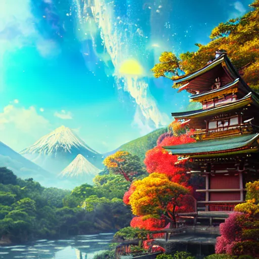 Prompt: mountains, sun, water, japan, anime style art, soft, concept art, intricate details, highly detailed, colorful, photorealistic, disney pixar, octane render, iridescent, anime, 8 k