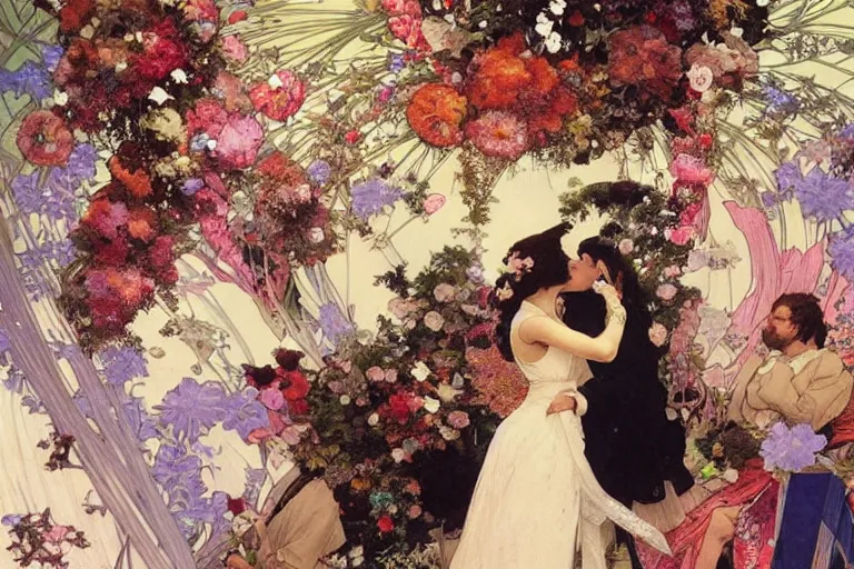 Image similar to the groom kisses the bride at a wedding full of flowers, bright and happy, dreamlike art, highly detail, 4 k realistic, wedding photoy krenz cushart. artem demura. alphonse mucha. yoji shinkawa artgerm. jon lothian. danilo torres. adi meyers. thomas reimann. gaston bussiere.