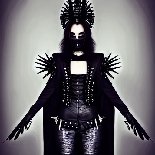 Image similar to a woman in a black leather outfit with spikes on her head, a high fashion character portrait by christen dalsgaard, featured on behance, gothic art, androgynous, genderless, gothic