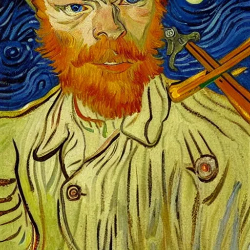 Prompt: fry with a sword, painting, artwork by van gogh