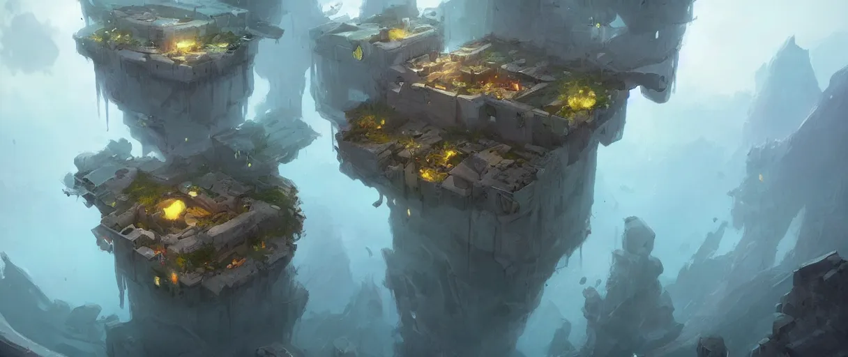 Image similar to floating islands in void concept art, low angle, cinematic, style of Jordan grimmer