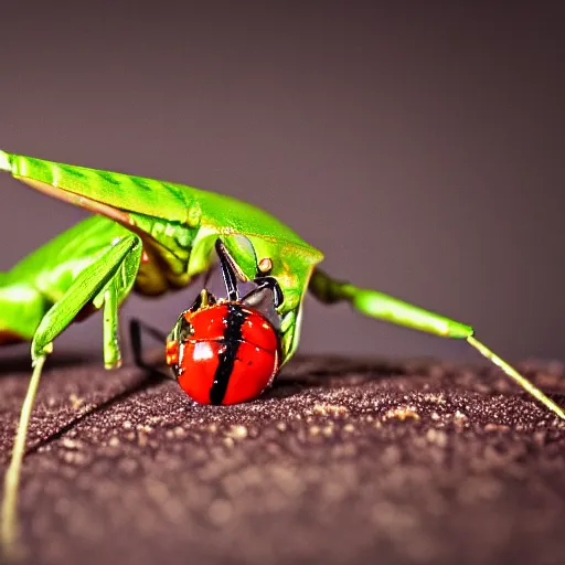 Image similar to a macro tilt shift render of a praying mantis eating a ladybug