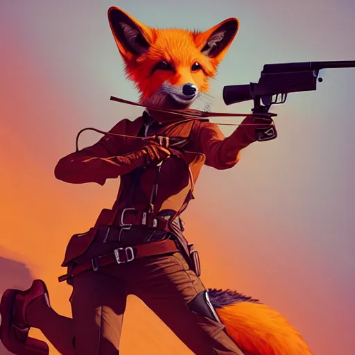 Image similar to splash art of cute anthropomorphic vulpes vulpes fulva as a bounty huntress in wild west in a gunfight, rugged clothes, motion blur, bullets whizzing, high energy : by weta, greg rutkowski, wlop, ilya kuvshinov, rossdraws, artgerm, octane render, iridescent