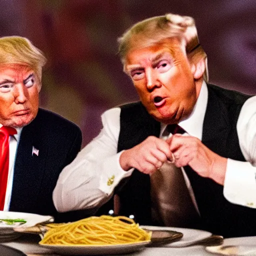 Prompt: donald trump and vladimir putin eating spaghetti like lady and the tramp