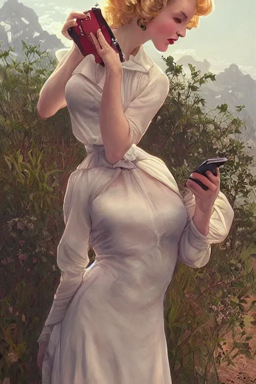 Image similar to beautiful cottagecore Marylin Monroe talking on a cell phone. intricate, elegant. highly detailed, digital painting, artstation, concept art, smooth, sharp, focus, illustration. . art by artgerm and greg rutkowski and alphonse mucha