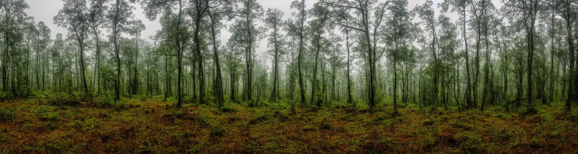 Image similar to a wide landscape shot of a forest with a rainy sky in the background