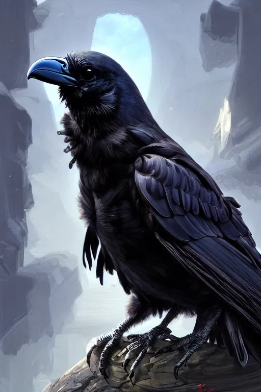 Image similar to clear portrait of a baby raven, cottagecore!!, background hyper detailed, character concept, full body, dynamic pose, glowing lights!! intricate, elegant, highly detailed, digital painting, artstation, concept art, smooth, sharp focus, illustration, art by artgerm and greg rutkowski and alphonse mucha