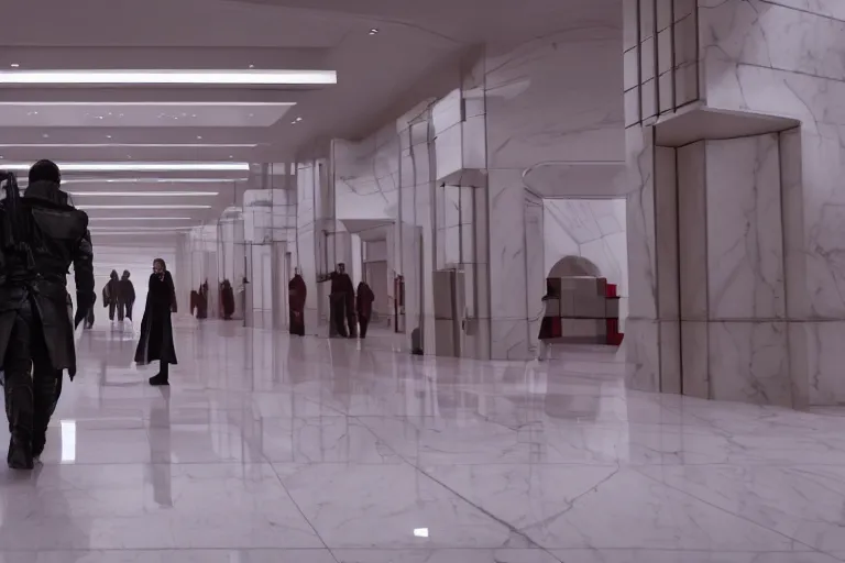 Prompt: Bank interior elegant bank fancy white marble flooring reflective. blade runner 2049 movie still. robbery in progress. cyberpunk man red leather jacket carrying duffle bag holding shotgun. 2017 movie still 35mm wide angle lens