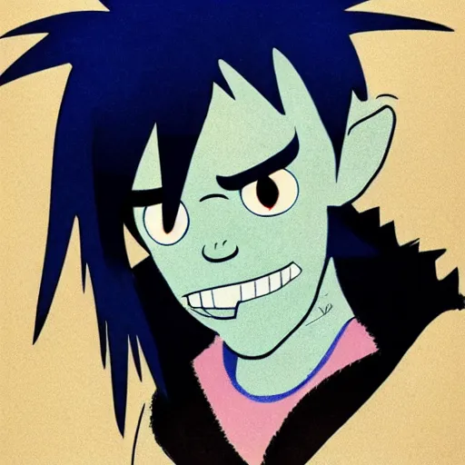 Image similar to 2 d gorillaz, a man with messy blue hair and no eyes, portrait, gorillaz style, jamie hewlett, neutral expression