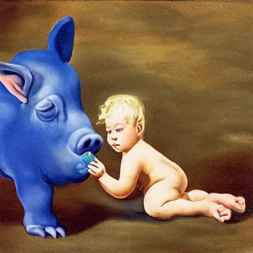 Prompt: A 2 year old girl playing with blue piglet, blond hair. Painting by Salvador Dali