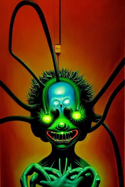 Image similar to a hyperrealistic painting of an electricity creature specter in the mansions lobby, cinematic horror by chris cunningham, lisa frank, richard corben, highly detailed, vivid color,