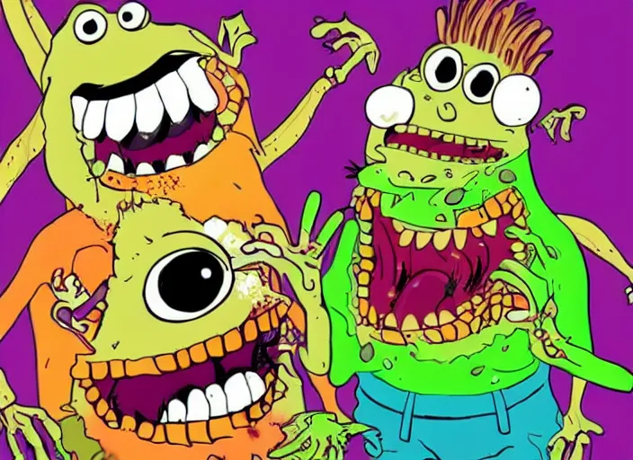 Image similar to aaahh!!! real monsters messy food fight, detailed facial expressions