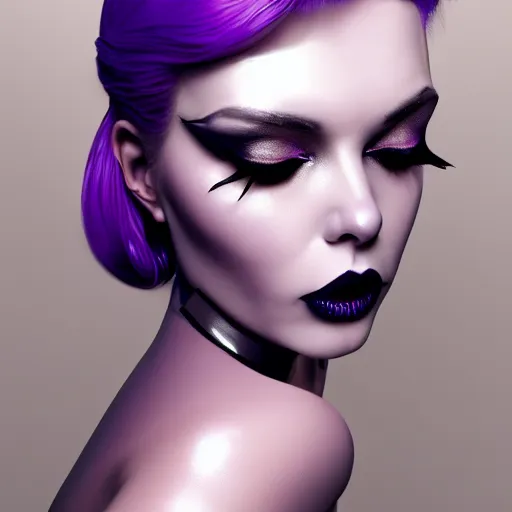 Prompt: portrait of a curvy feminine hot pale goth woman with elaborate, elegant, tight silver nylon, latex and silk outfit, black lipstick and purple makeup, cgsociety, realistic, highly detailed, attractive, 16k, smooth, sharp focus, trending on ArtStation, hyperdetailed, volumetric lighting