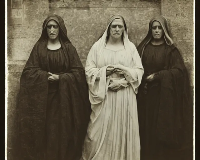 Prompt: the three marys at the sepulchre, expressive faces, julia margaret cameron