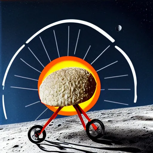 Image similar to a wheel of cheese is cycling fast on a bike on the surface of the moon and drives away from a huge and dangerousmushroom cloud of a nuclear explosion. photorealistic