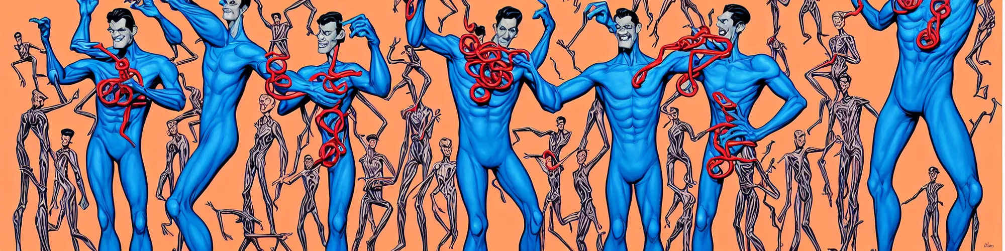 Image similar to mr. fantastic and plastic man showing off their weird limbs illustrated by james jean with very long hands and arms and fingers and legs and feet twirling and twisting around