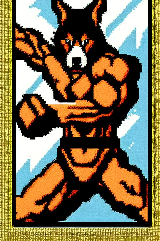 Prompt: extreme long shot. 8 bit nes graphics. hermann nitschantropomorphic muscular masculine wolf. kickboxer fighter, in shorts. wolf head. art from nes game cartridge,