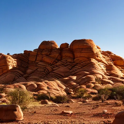 Image similar to cut sandstone structures cover a desert landscape